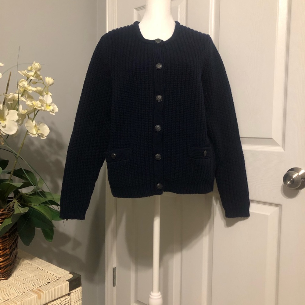 Lands’ End wool blend cardigan, large, navy, nautical